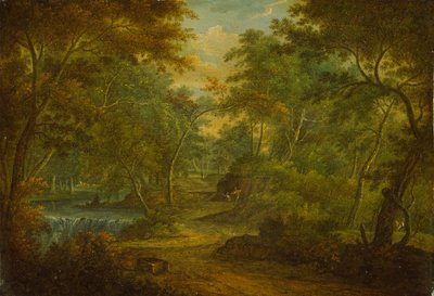 A Wooded Landscape with a Stream and a Fisherman by Thomas Smith of Derby